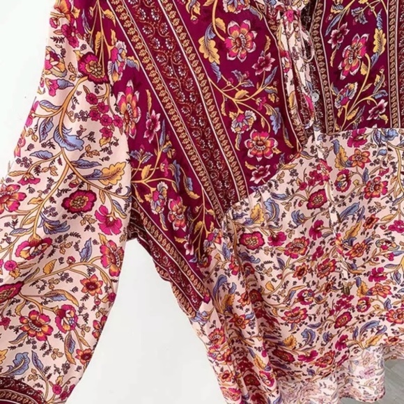Maroon Multi Color Bohemian Floral Button Neck 3/4 Sleeve Blouse Top w/ Tie - Picture 7 of 11